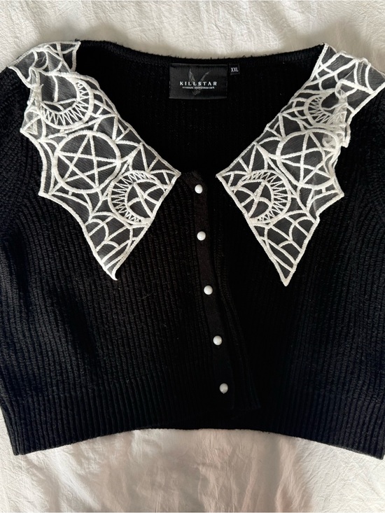 Killstar Sweaters - Killstar Clarita Chlo Cardigan Black XXL Spiderweb Lace Collar Goth Sweater